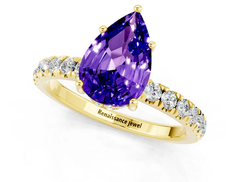 Yellow gold Pear Cut Tanzanite Pave Band Solitaire Ring with Four-Prong Setting_13