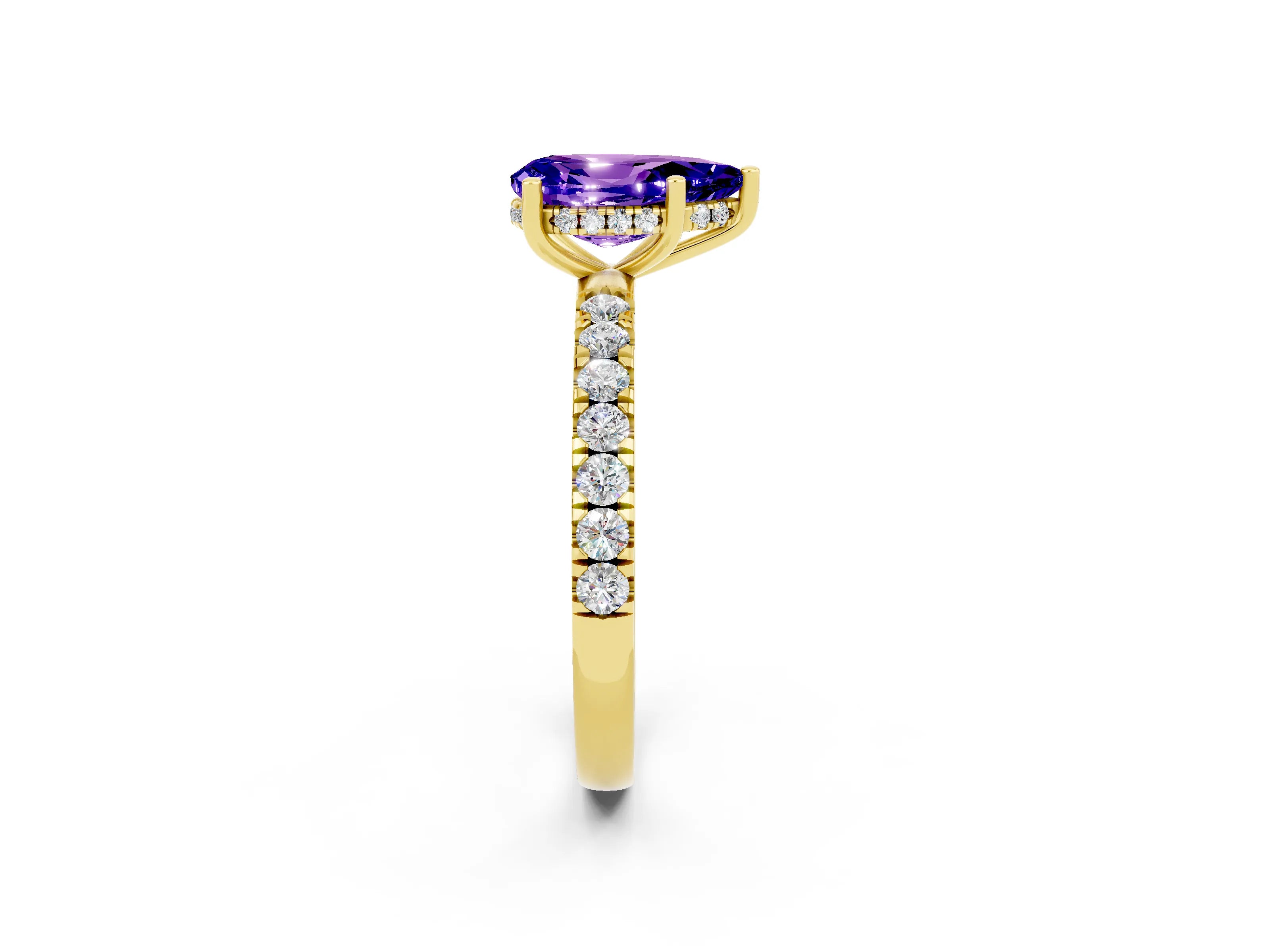 Yellow gold Pear Cut Tanzanite Pave Band Solitaire Ring with Four-Prong Setting_14