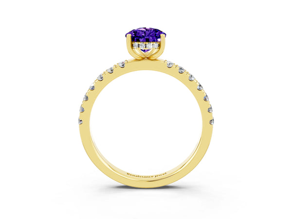 Yellow gold Pear Cut Tanzanite Pave Band Solitaire Ring with Round  and Prong Setting