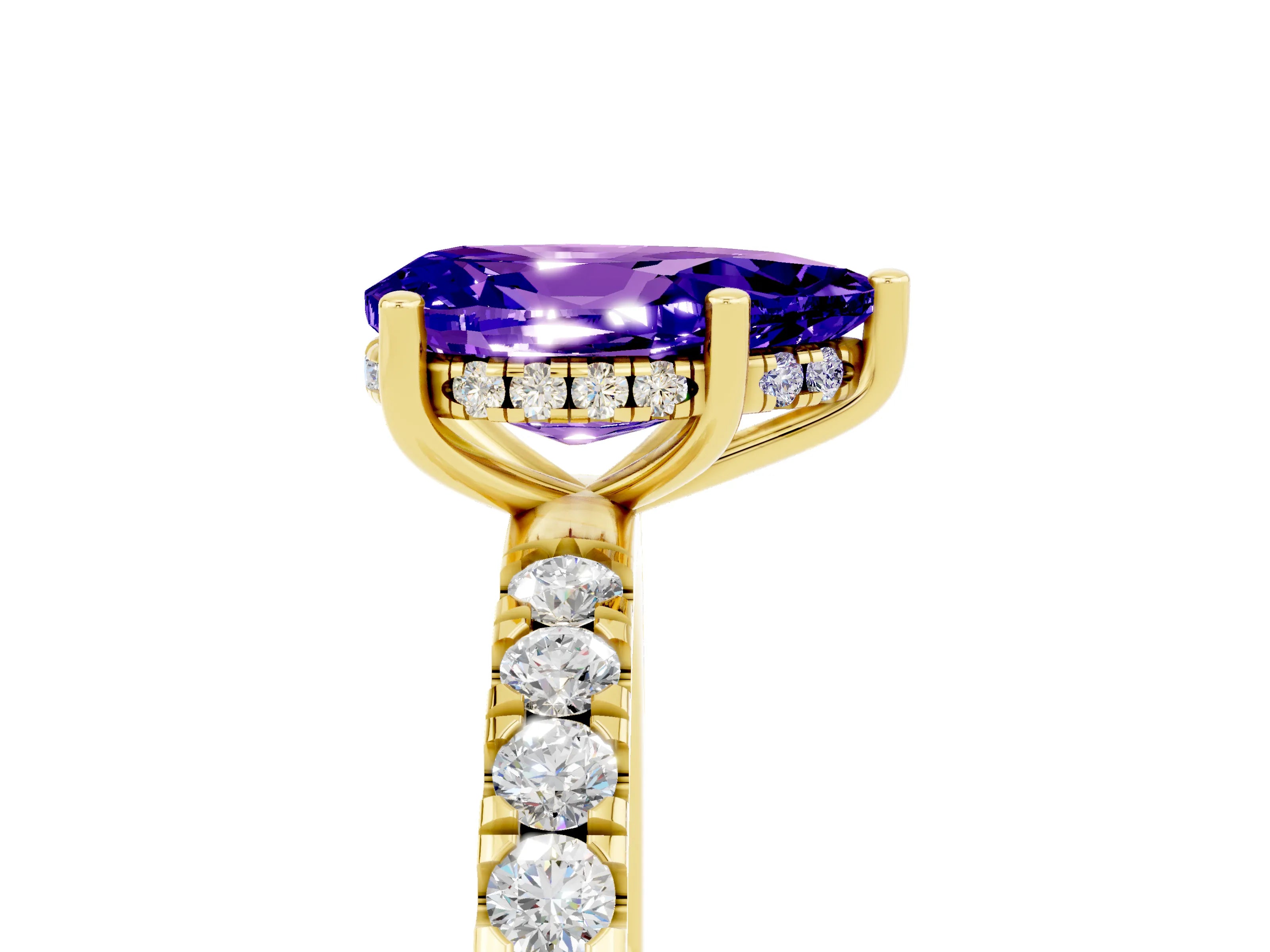 Yellow gold Pear Cut Tanzanite Pave Band Solitaire Ring with Four-Prong Setting_17