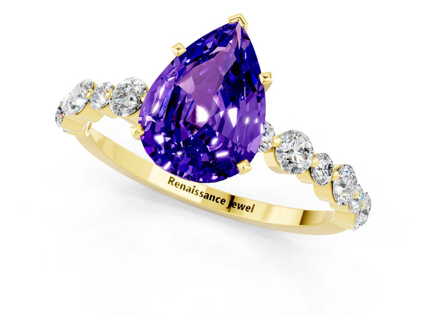 Yellow gold Pear Cut Tanzanite Prong Set Engagement Ring with Pavé Band