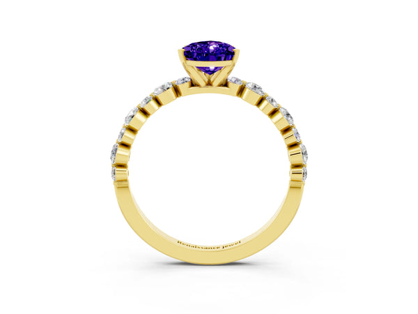 Yellow gold Pear Cut Tanzanite Prong Set Engagement Ring with Pavé Band