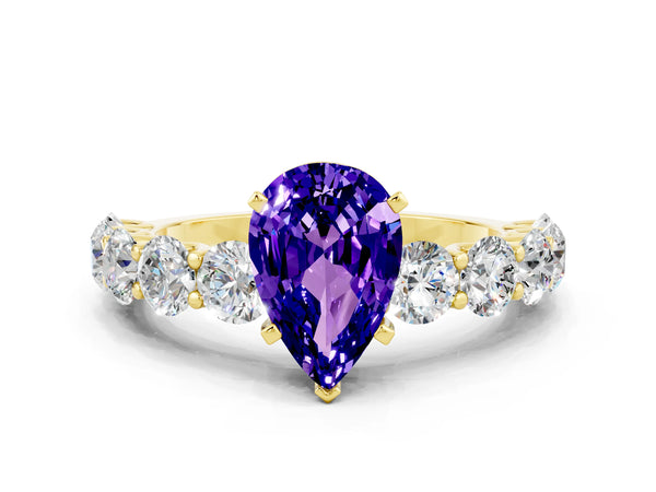Yellow gold Pear Cut Tanzanite Prong Setting with Side Stones on a Pave Band