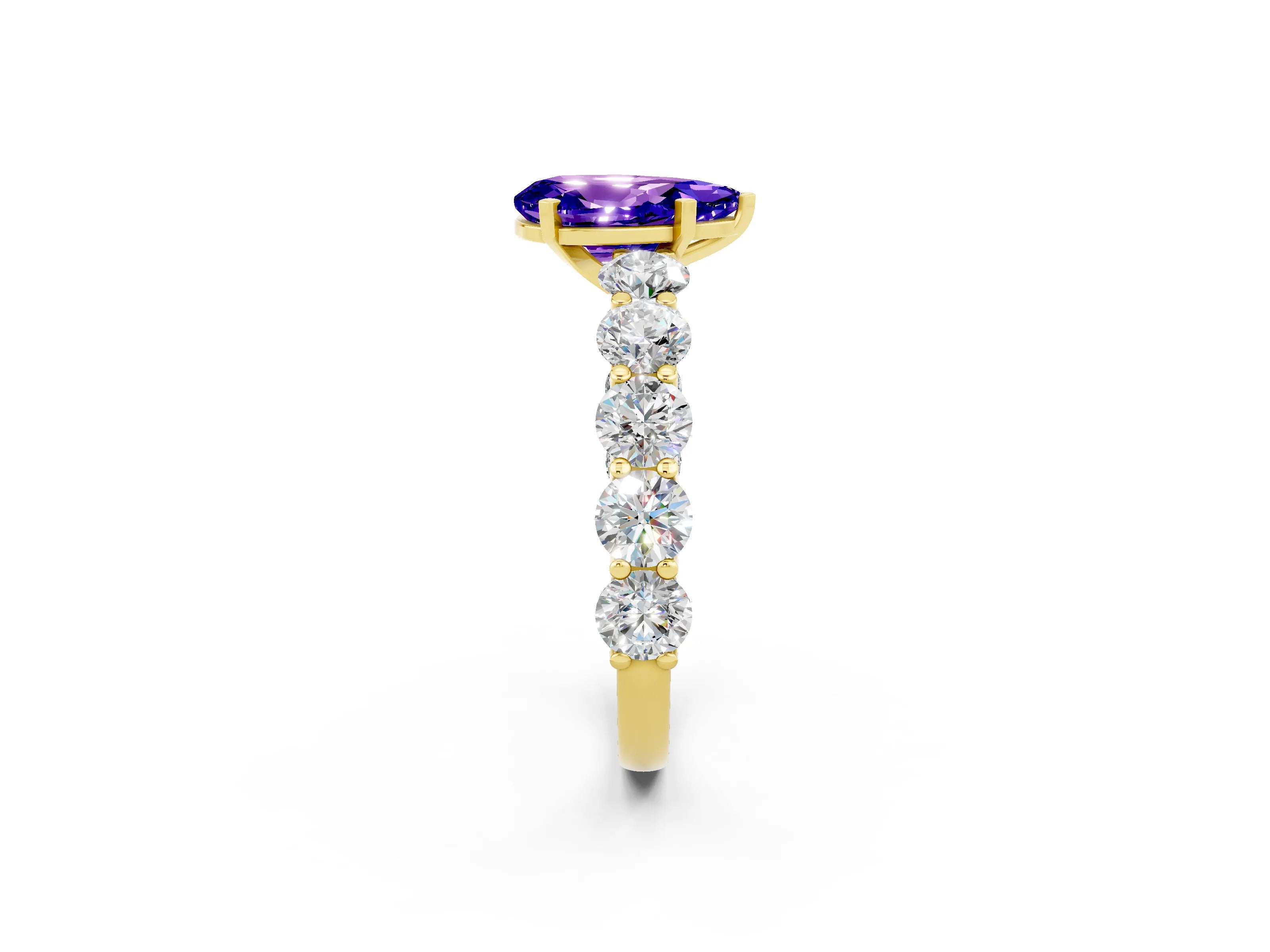 Yellow gold Pear Cut Tanzanite Prong Setting with Side Stones on a Pave Band_2