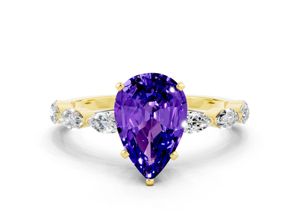 Yellow gold Pear Cut Tanzanite Ring with Marquise Side Stones and Prong Setting