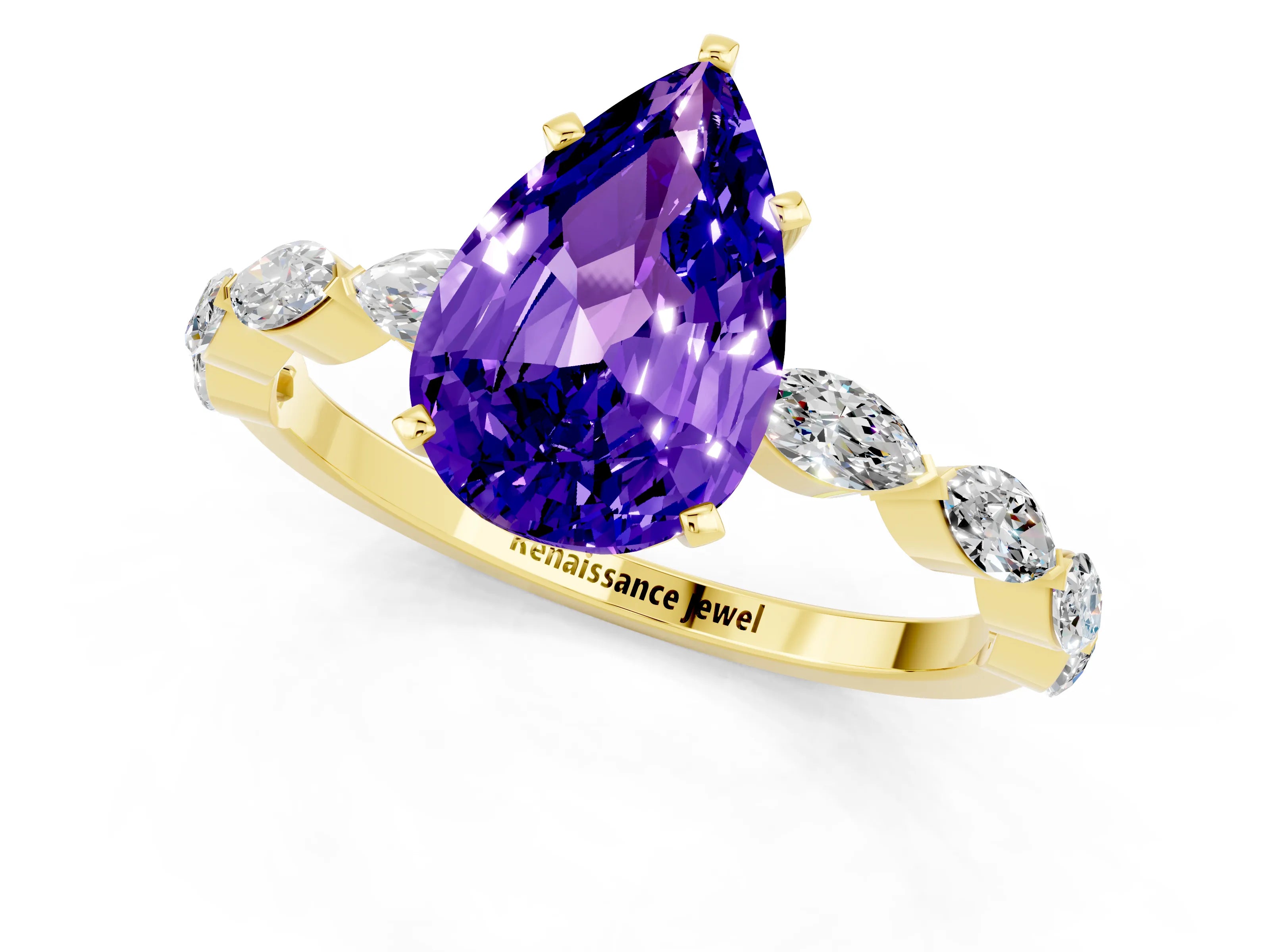 Yellow gold Pear Cut Tanzanite Ring with Marquise Side Stones and Prong Setting_1