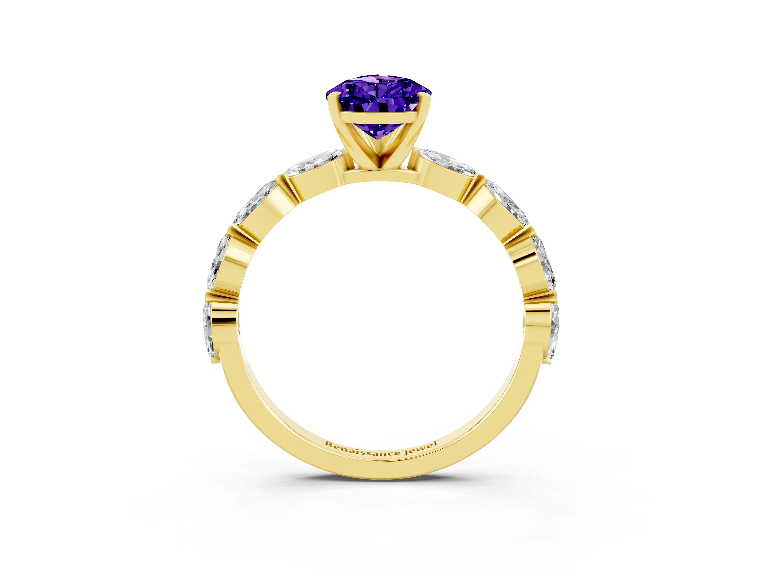 Yellow gold Pear Cut Tanzanite Ring with Marquise Side Stones and Prong Setting_3