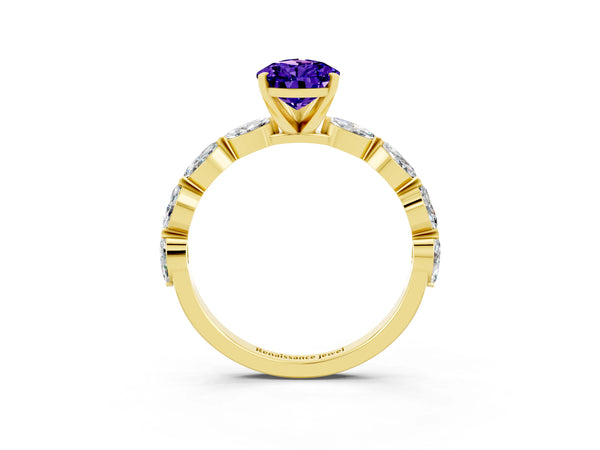 Yellow gold Pear Cut Tanzanite Ring with Marquise Side Stones and Prong Setting
