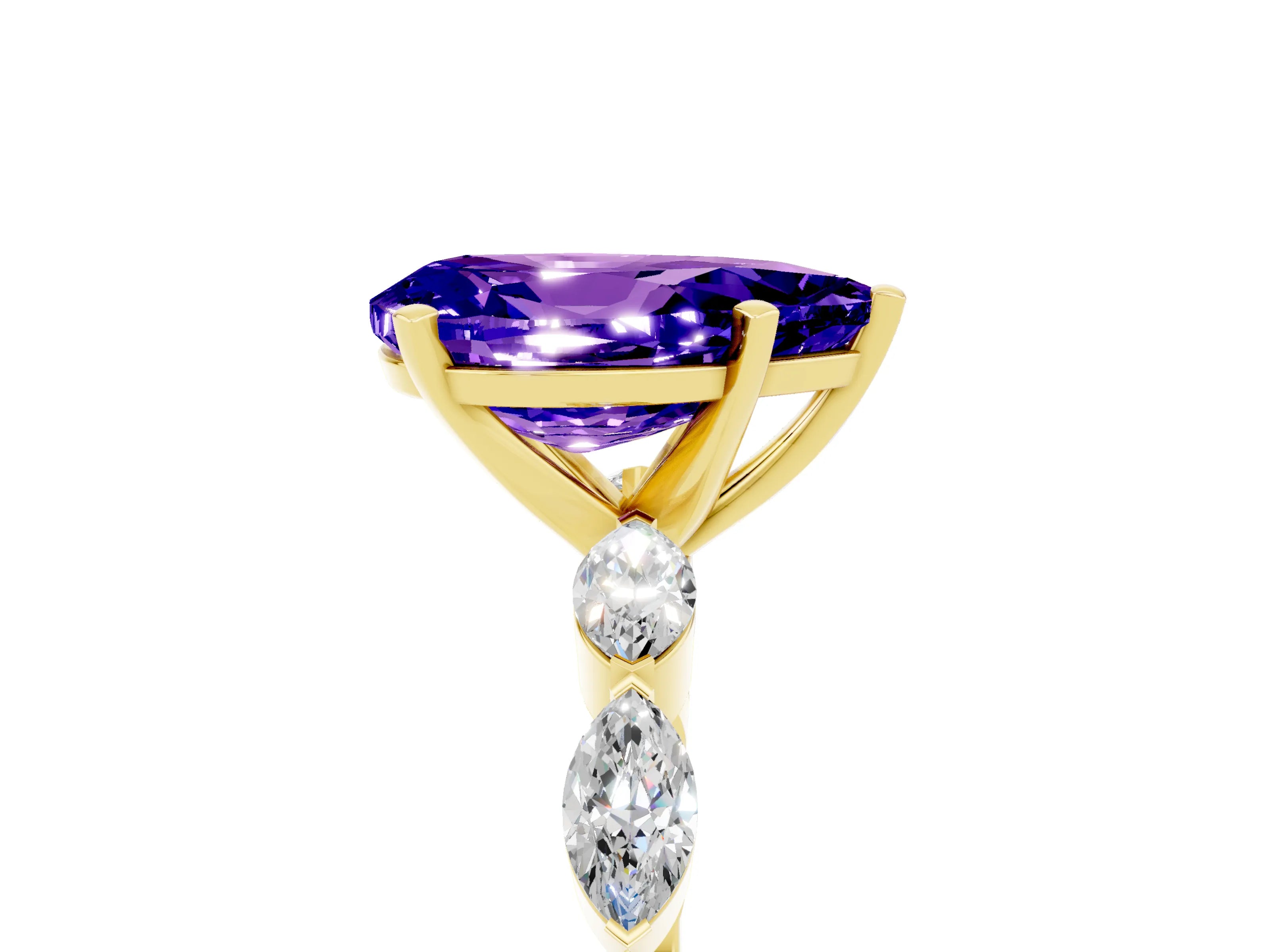 Yellow gold Pear Cut Tanzanite Ring with Marquise Side Stones and Prong Setting_5