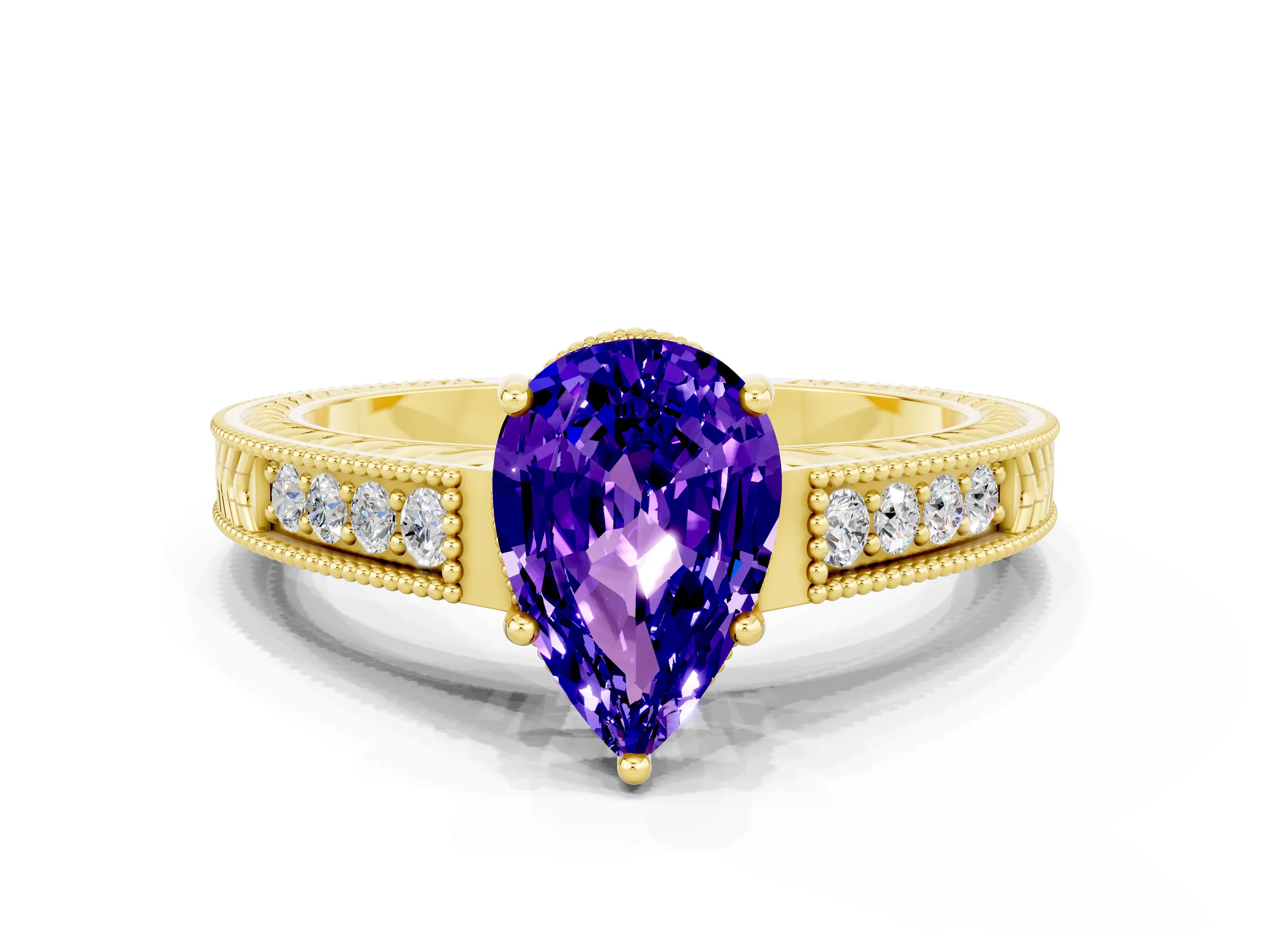 Yellow gold Pear Cut Tanzanite Ring with Milgrain Pavé Band and Four-Prong Setting_36