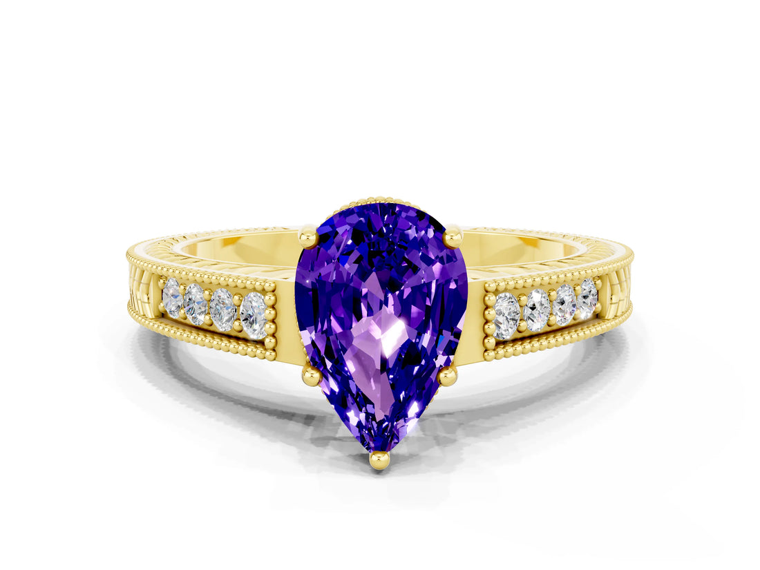 Yellow gold Pear Cut Tanzanite Ring with Milgrain Pavé Band and Four-Prong Setting_36