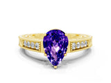 Yellow gold Pear Cut Tanzanite Ring with Milgrain Pavé Band and Four-Prong Setting_36
