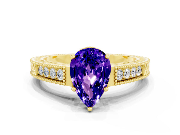 Yellow gold Pear Cut Tanzanite Ring with Milgrain Pavé Band and Four-Prong Setting
