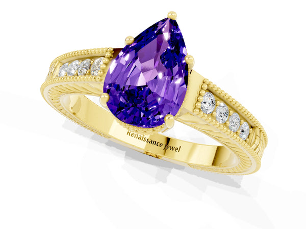 Yellow gold Pear Cut Tanzanite Ring with Milgrain Pavé Band and Four-Prong Setting