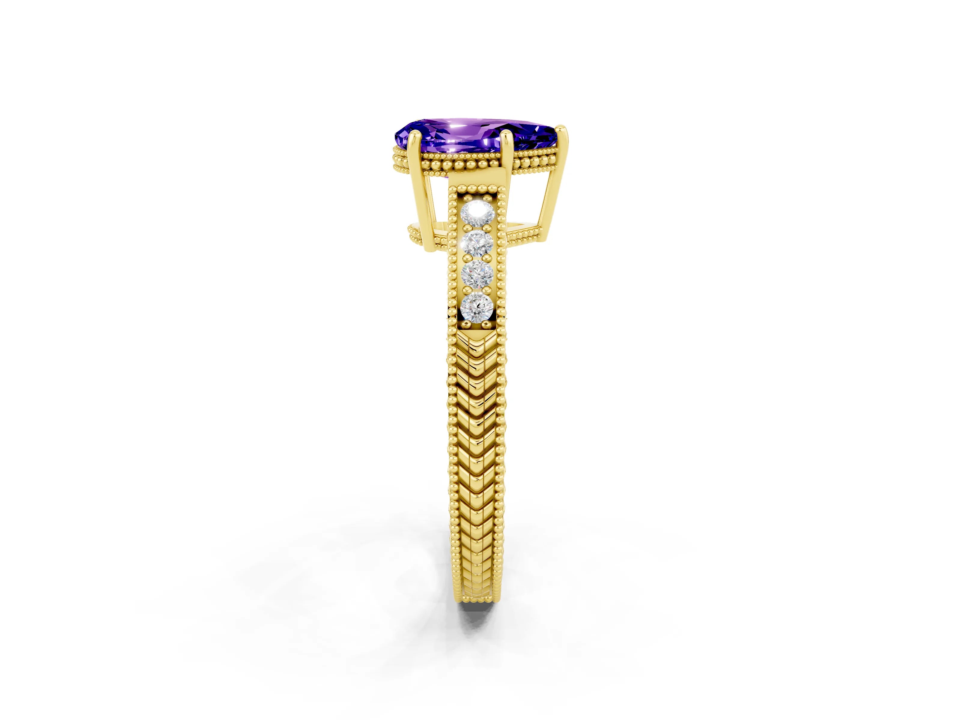 Yellow gold Pear Cut Tanzanite Ring with Milgrain Pavé Band and Four-Prong Setting_38