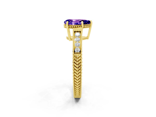 Yellow gold Pear Cut Tanzanite Ring with Milgrain Pavé Band and Four-Prong Setting