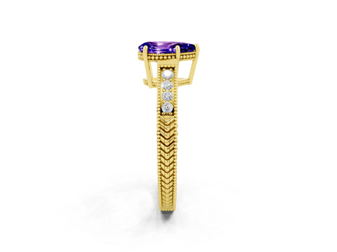 Yellow gold Pear Cut Tanzanite Ring with Milgrain Pavé Band and Four-Prong Setting_38
