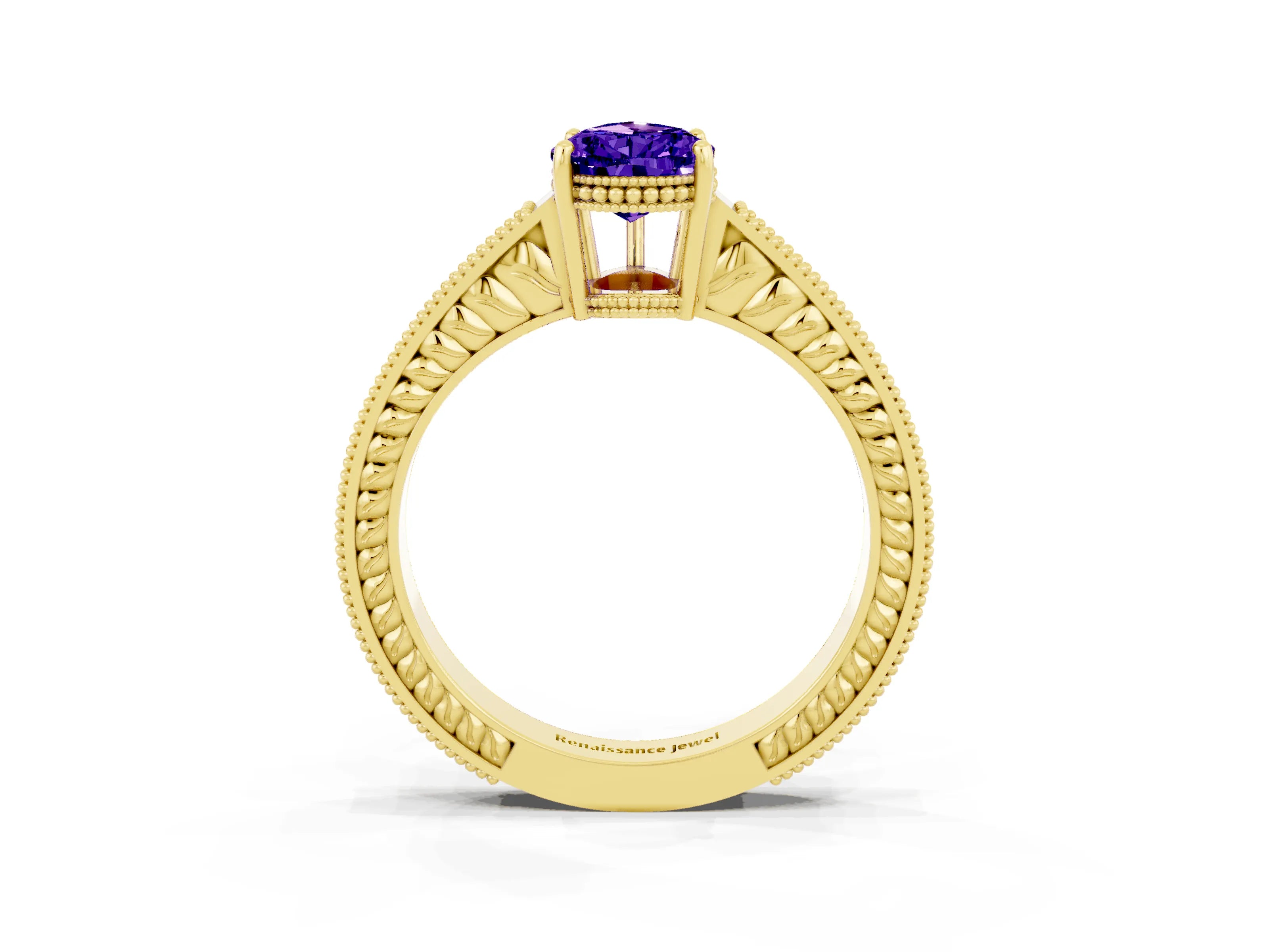 Yellow gold Pear Cut Tanzanite Ring with Milgrain Pavé Band and Four-Prong Setting_39