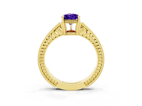 Yellow gold Pear Cut Tanzanite Ring with Milgrain Pavé Band and Four-Prong Setting_39
