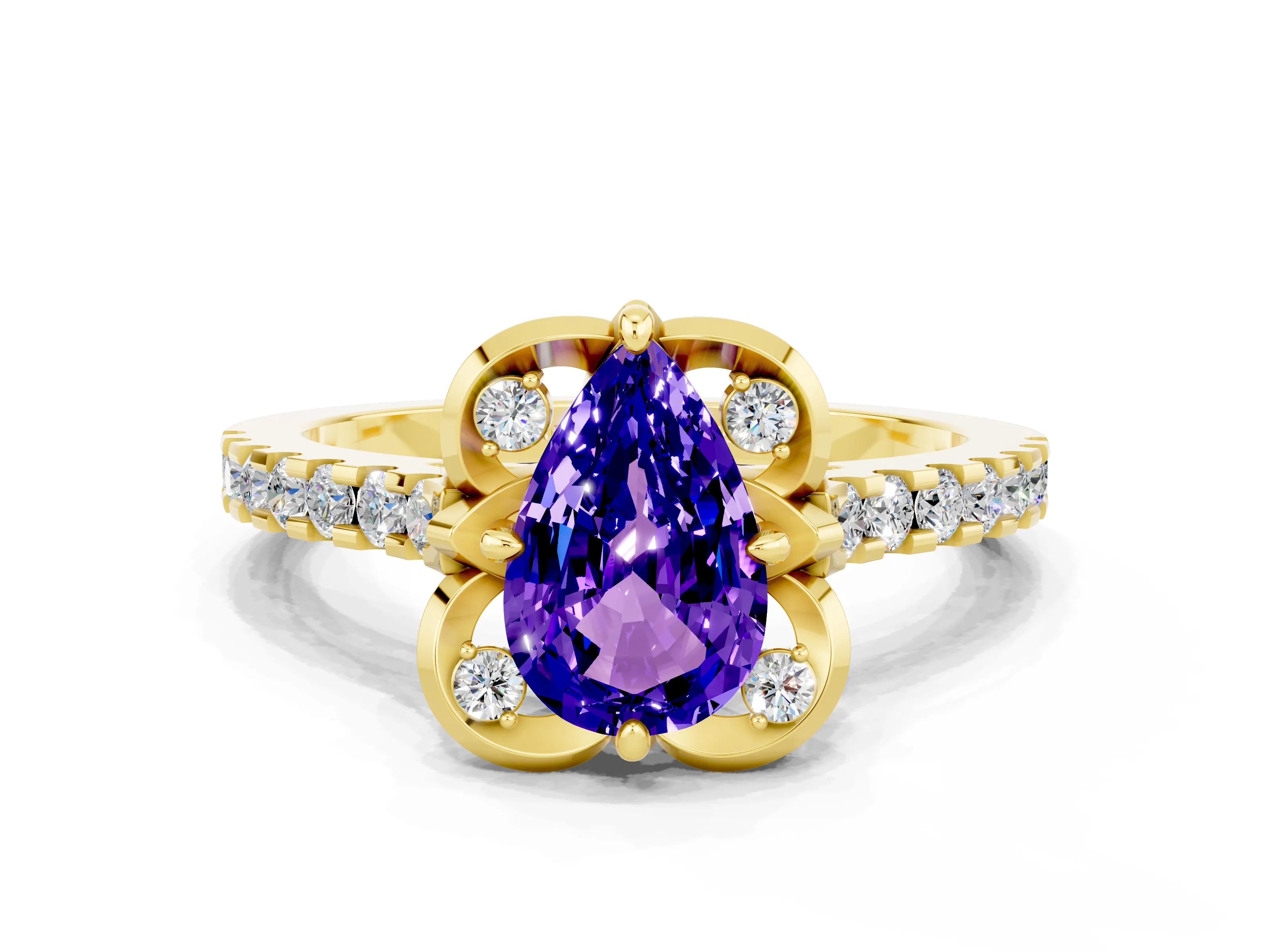Yellow gold Pear Cut Tanzanite Ring with Pavé Band and Floral Prong Setting
