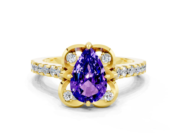 Yellow gold Pear Cut Tanzanite Ring with Pavé Band and Floral Prong Setting