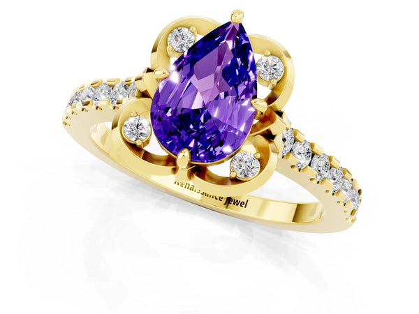 Yellow gold Pear Cut Tanzanite Ring with Pavé Band and Floral Prong Setting