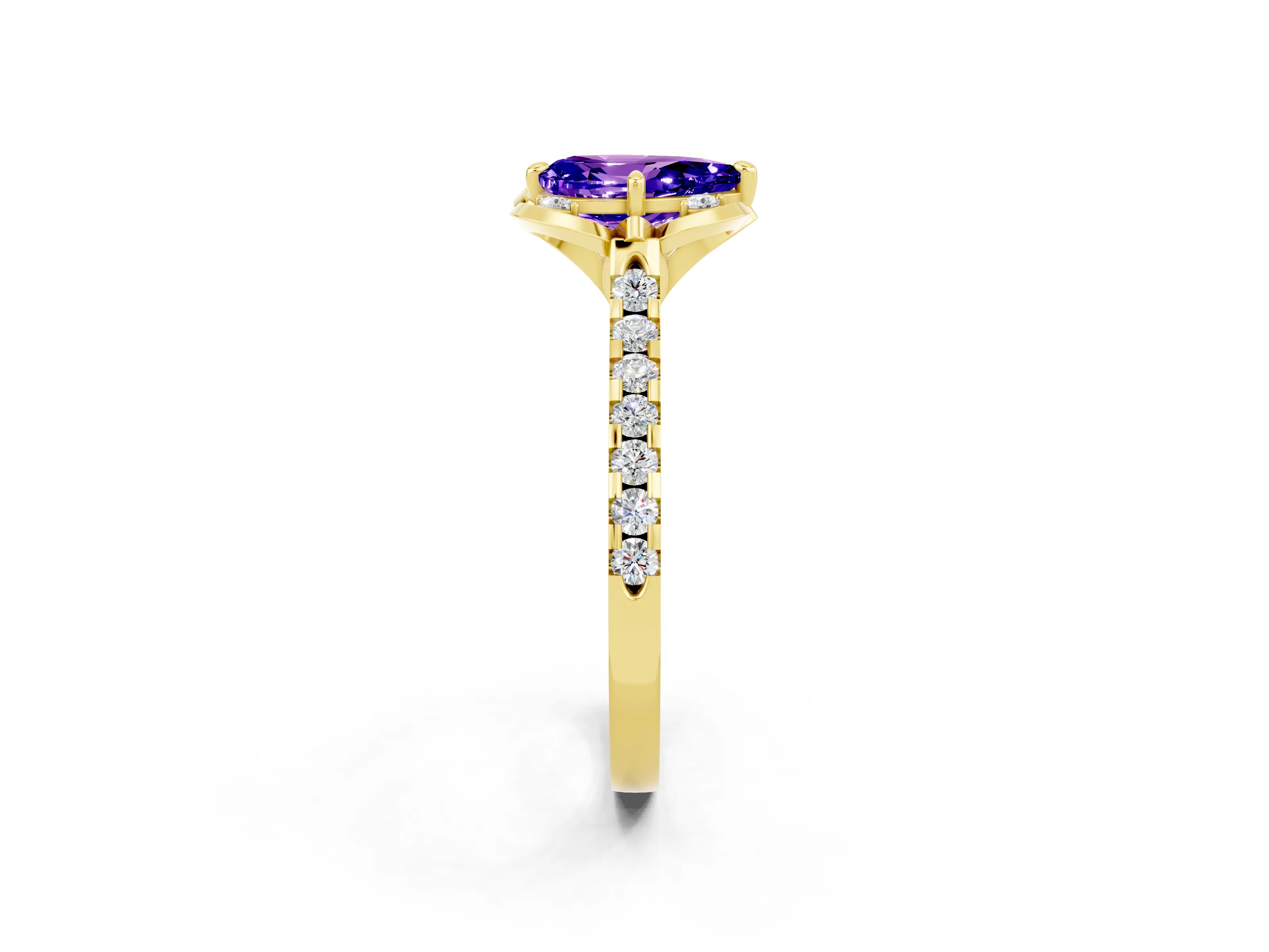 Yellow gold Pear Cut Tanzanite Ring with Pavé Band and Floral Prong Setting_2
