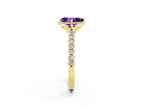 Yellow gold Pear Cut Tanzanite Ring with Pavé Band and Floral Prong Setting_2