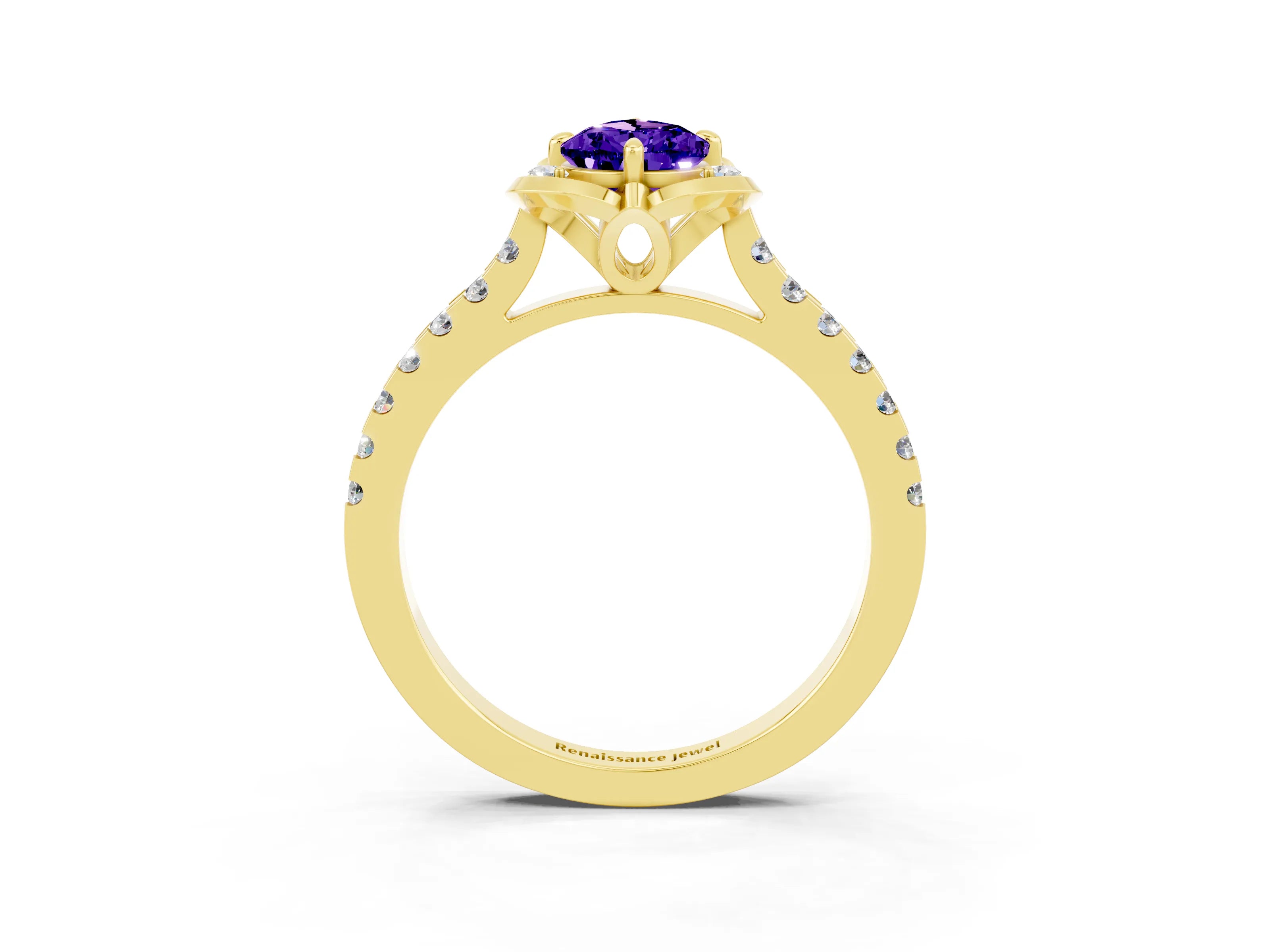Yellow gold Pear Cut Tanzanite Ring with Pavé Band and Floral Prong Setting_3