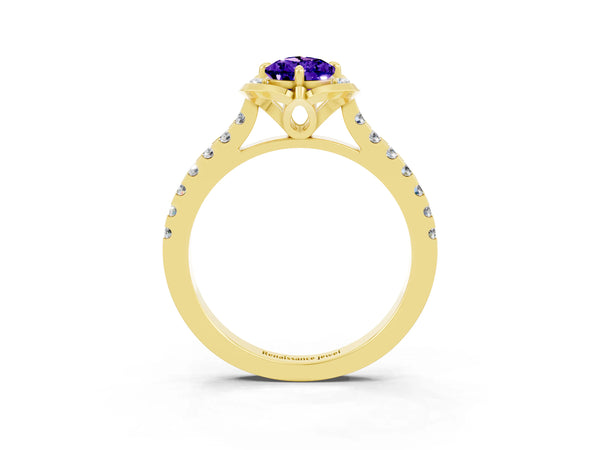Yellow gold Pear Cut Tanzanite Ring with Pavé Band and Floral Prong Setting