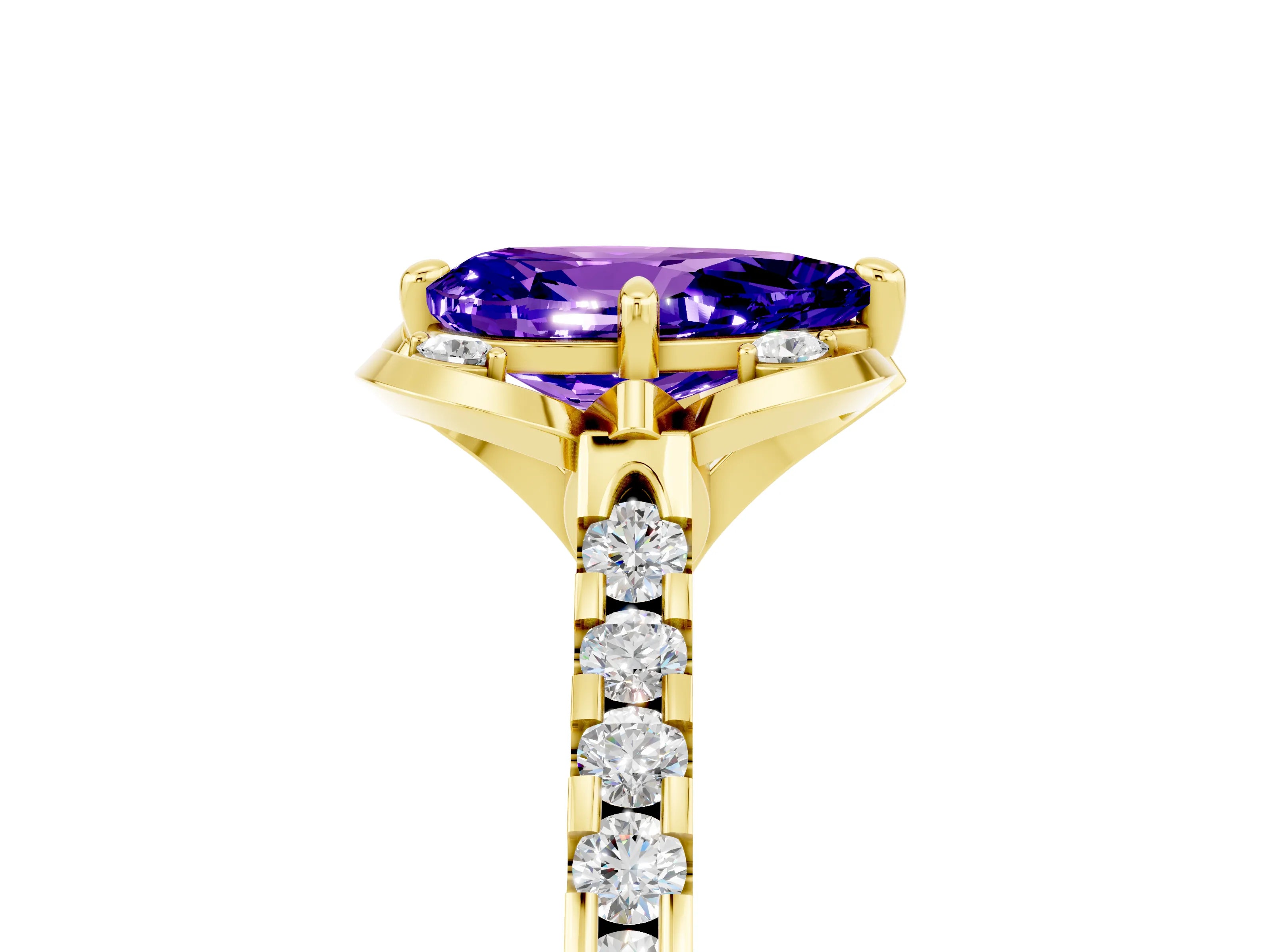 Yellow gold Pear Cut Tanzanite Ring with Pavé Band and Floral Prong Setting_5
