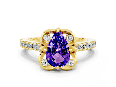 Yellow gold Pear Cut Tanzanite Ring with Pavé Band and Floral Prong Setting