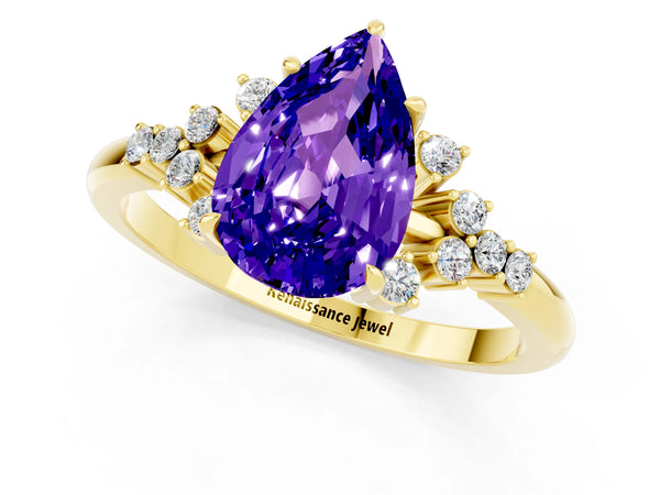 Yellow gold Pear Cut Tanzanite Ring with Side Stones and Four-Prong Setting