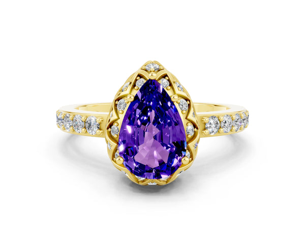 Yellow gold Pear Cut Tanzanite Scalloped Halo Engagement Ring with Round Shared Prong Band