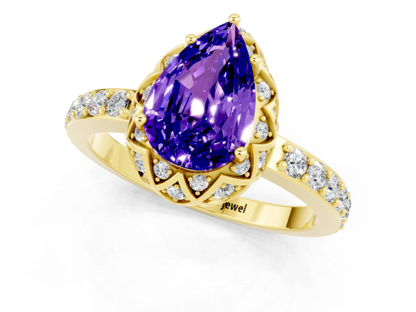 Yellow gold Pear Cut Tanzanite Scalloped Halo Engagement Ring with Round Shared Prong Band