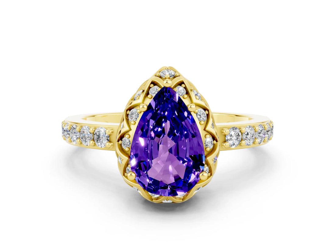 Yellow gold Pear Cut Tanzanite Scalloped Halo Engagement Ring with Round Shared Prong Band_24