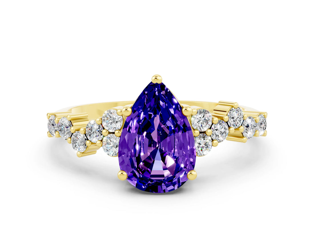 Yellow gold Pear Cut Tanzanite Scattered Round Accent Ring with Prong Setting_12