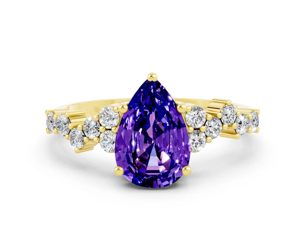 Yellow gold Pear Cut Tanzanite Scattered Round Accent Ring with Prong Setting