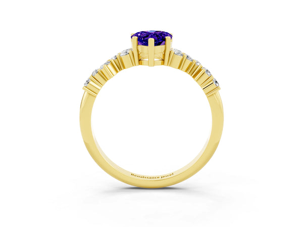 Yellow gold Pear Cut Tanzanite Scattered Round Accent Ring with Prong Setting