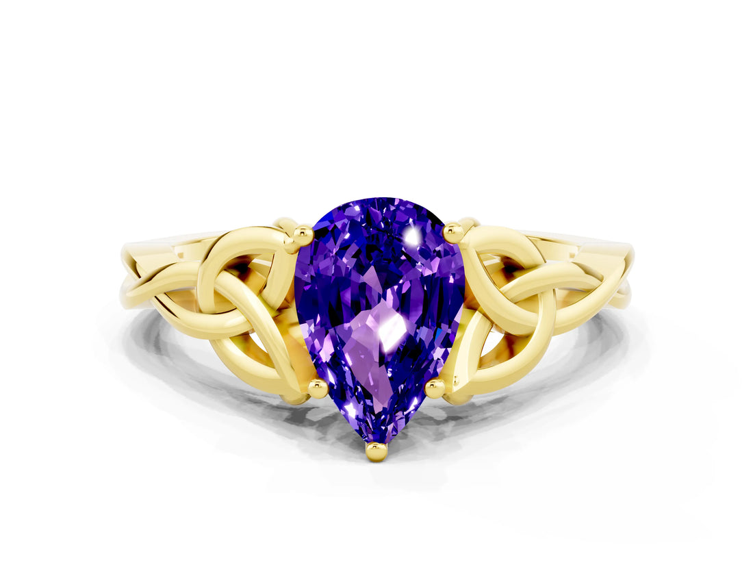 Yellow gold Pear Cut Tanzanite Solitaire Celtic Knot Ring with Four-Prong Setting_12