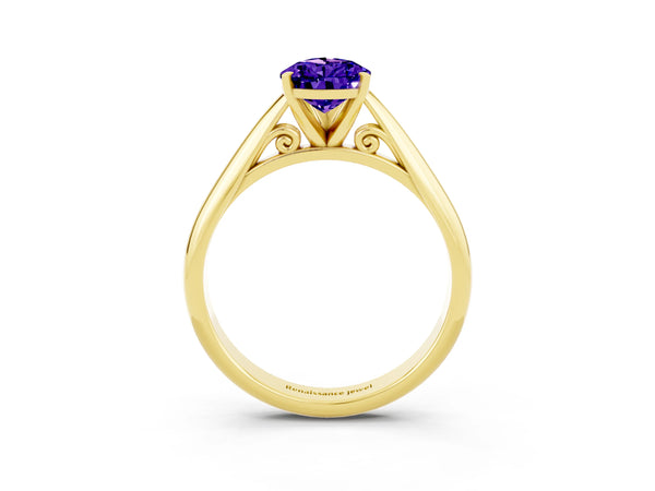 Yellow gold Pear Cut Tanzanite Solitaire Engagement Ring with Cathedral Setting and Four-Prong Mount