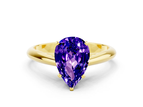 Yellow gold Pear Cut Tanzanite Solitaire Engagement Ring with Cathedral Setting and Four-Prong Mount