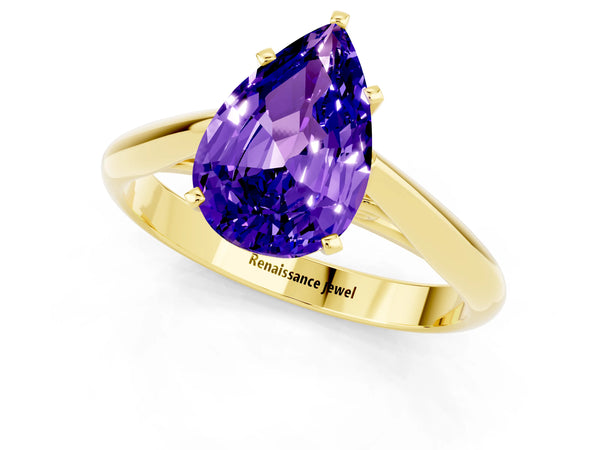Yellow gold Pear Cut Tanzanite Solitaire Engagement Ring with Cathedral Setting and Four-Prong Mount
