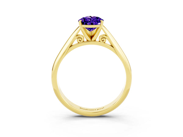 Yellow gold Pear Cut Tanzanite Solitaire Engagement Ring with Cathedral Setting and Four-Prong Mount