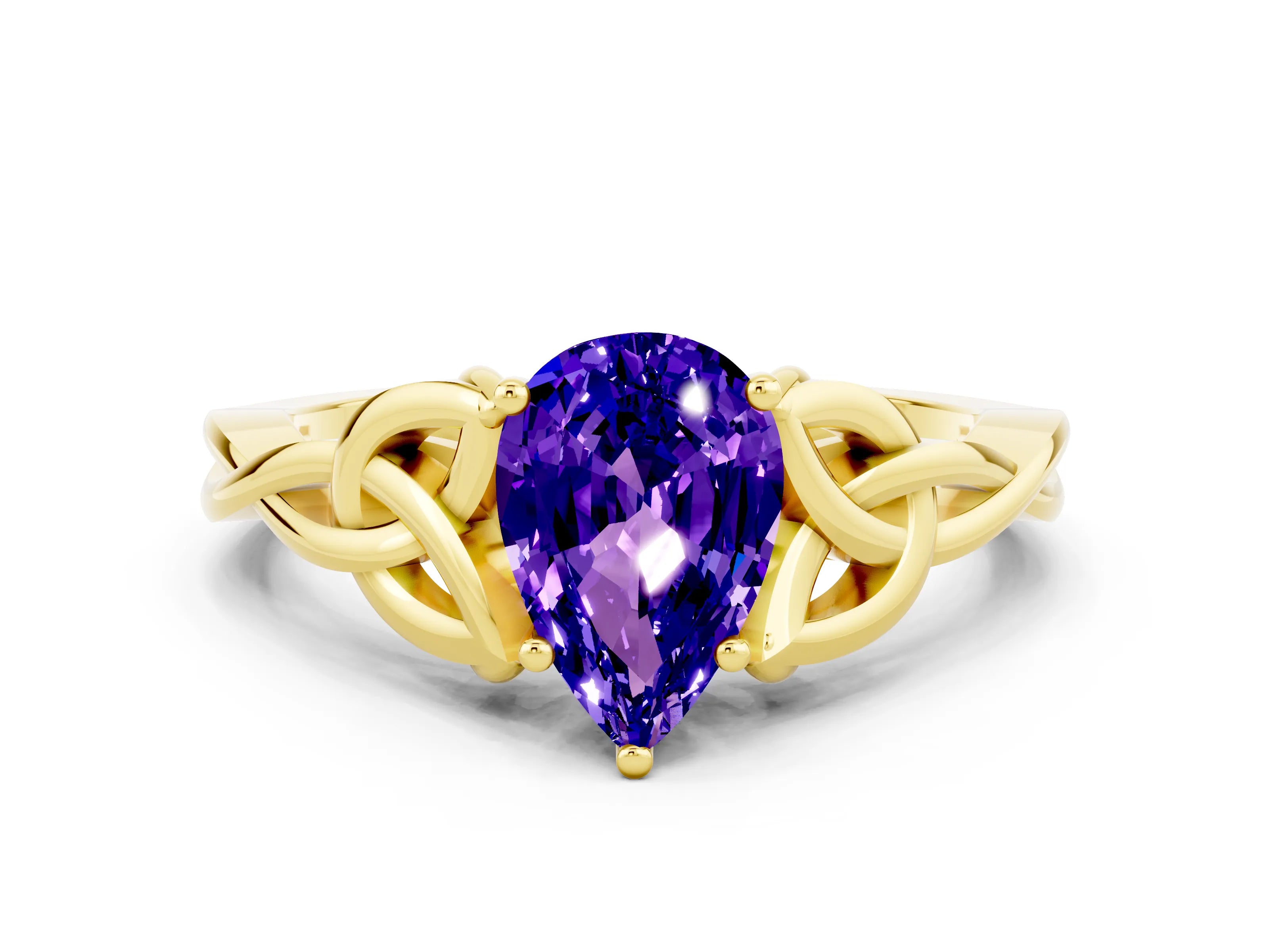Yellow gold Pear Cut Tanzanite Solitaire Engagement Ring with Celtic Knot Band and Four-Prong Setting