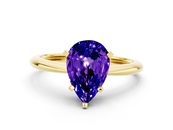Yellow gold Pear Cut Tanzanite Solitaire Engagement Ring with Classic Band and Four-Prong Setting