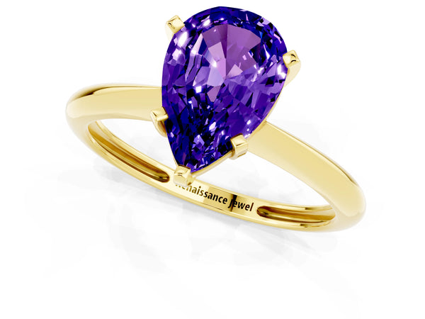 Yellow gold Pear Cut Tanzanite Solitaire Engagement Ring with Classic Band and Four-Prong Setting