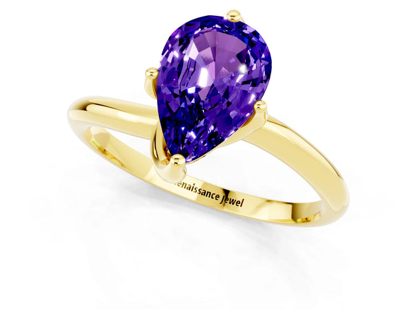 Yellow gold Pear Cut Tanzanite Solitaire Engagement Ring with Four-Prong Setting and Classic Band