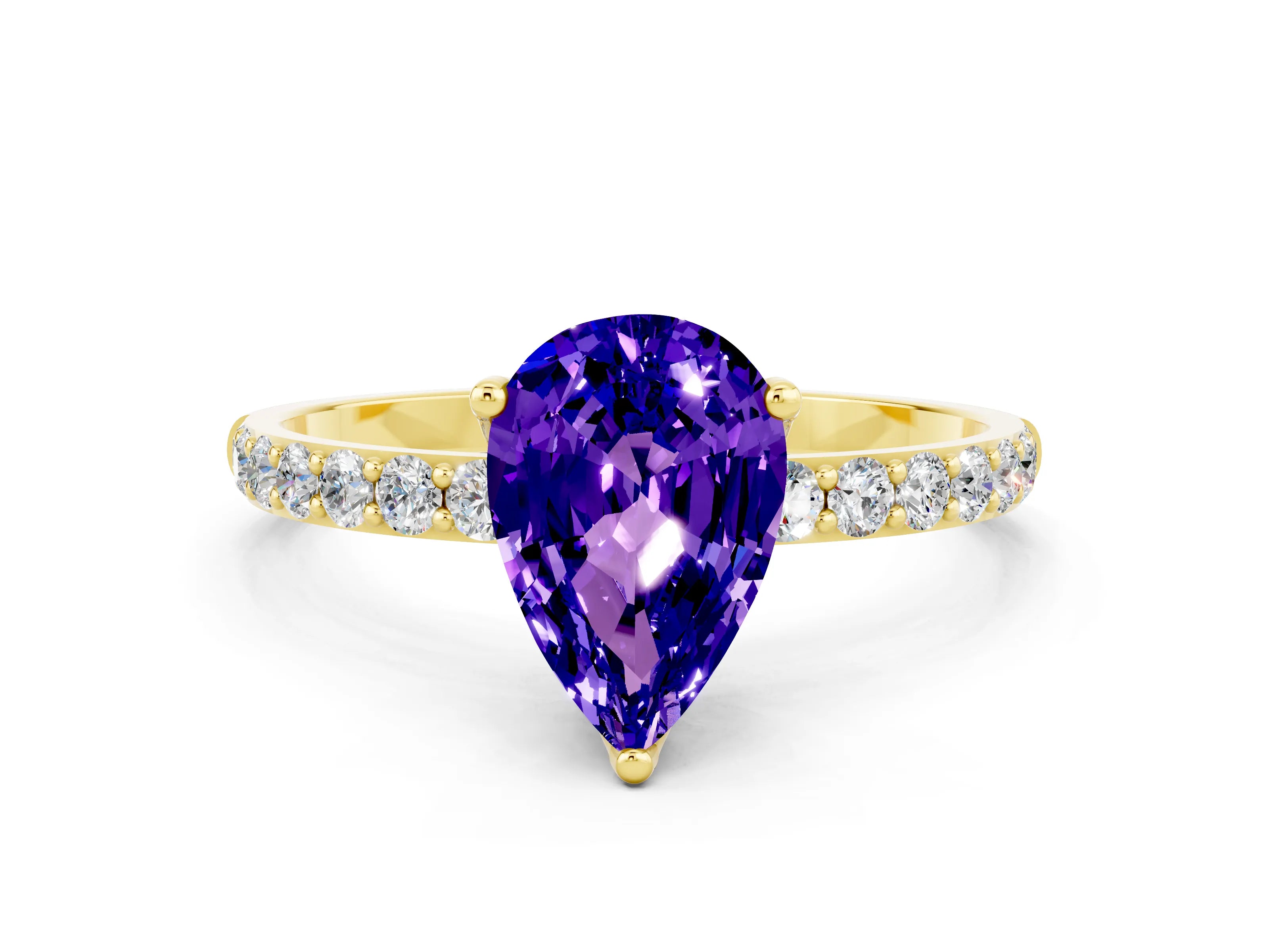 Yellow gold Pear Cut Tanzanite Solitaire Engagement Ring with Pavé Band and Prong Setting