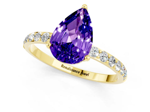 Yellow gold Pear Cut Tanzanite Solitaire Engagement Ring with Pavé Band and Prong Setting_1